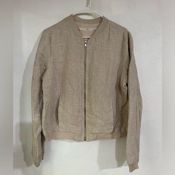 Gibson 100% linen crop jacket short front zipper long sleeve oatmeal color Sz XL - Picture 1 of 3